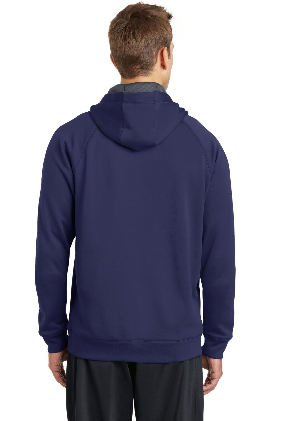A navy Sport-Tek Tech Fleece Hooded Sweatshirt featuring a back view, with a hood and a logo.