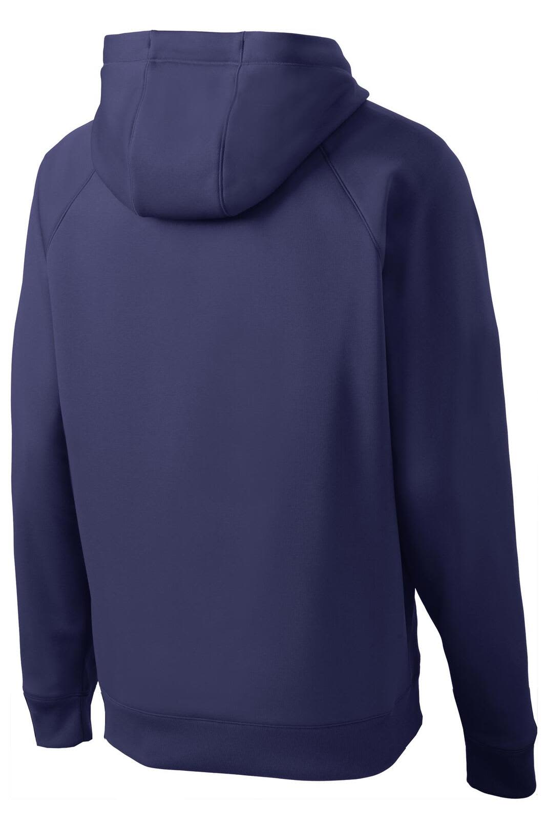 A navy blue Sport-Tek Tech Fleece Hooded Sweatshirt with a hood, featuring raglan sleeves and a logo.