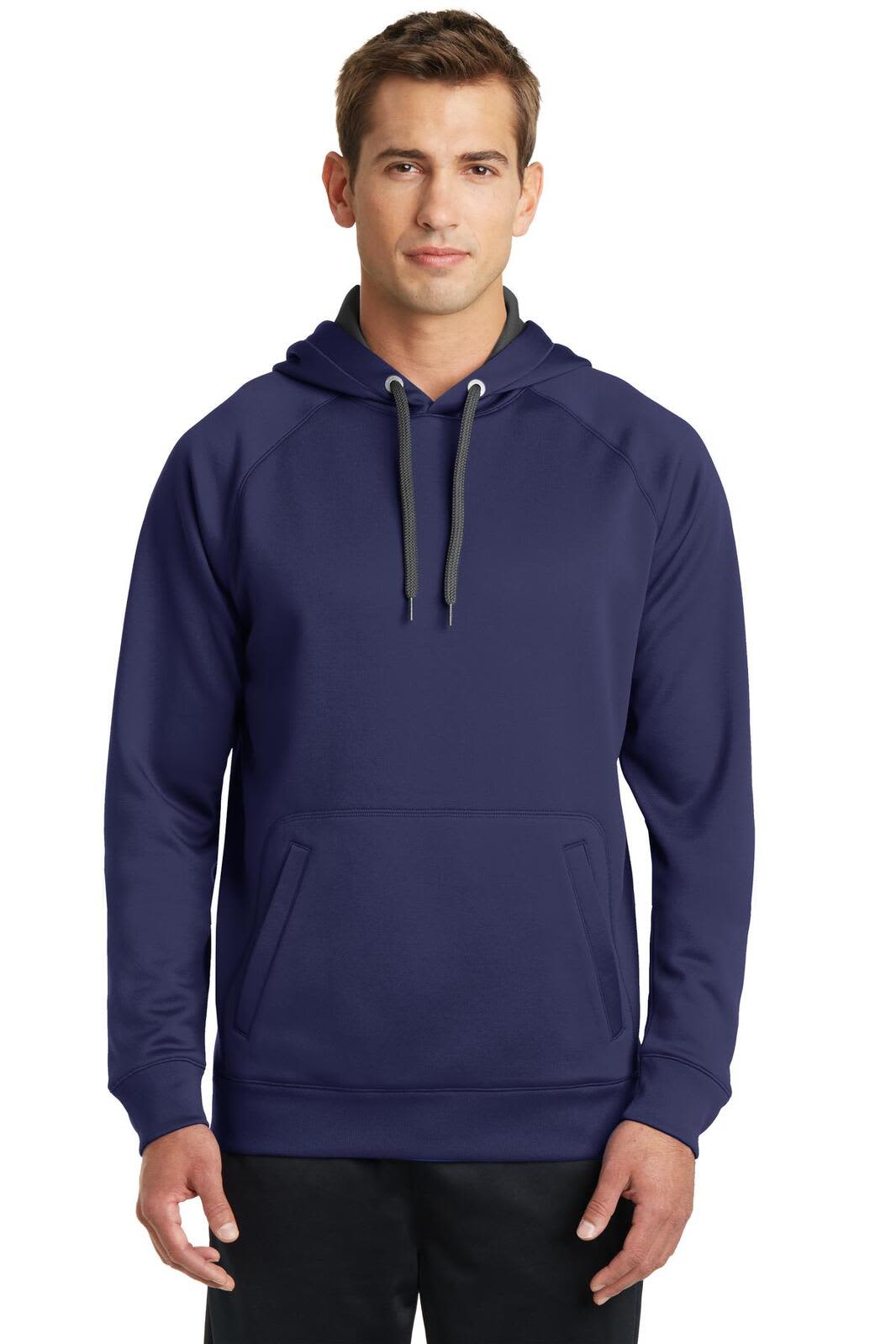 A navy hooded sweatshirt featuring a pouch pocket and a hood, with a logo on the front.