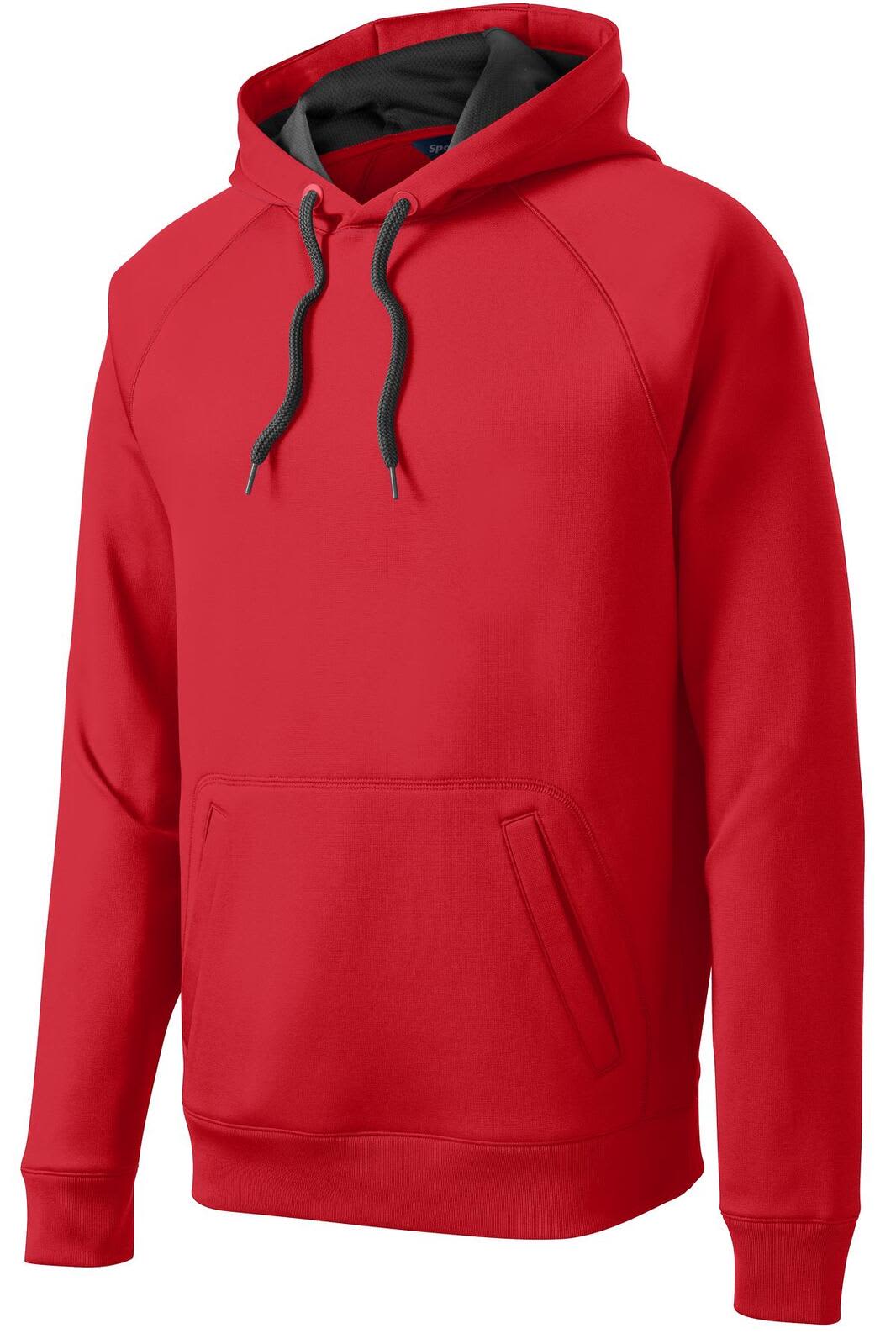 A red hooded sweatshirt with a contrasting grey interior and a front pocket. It features a logo on the front.