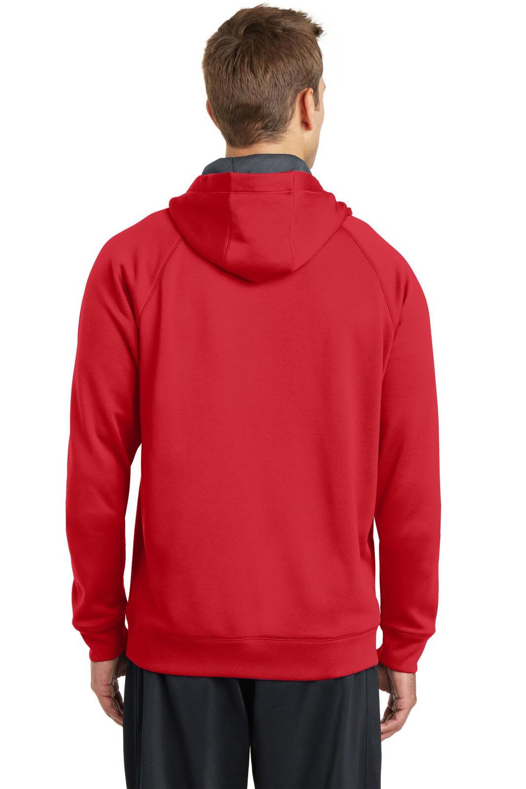 A red hooded sweatshirt with a kangaroo pocket and a logo, viewed from the back.