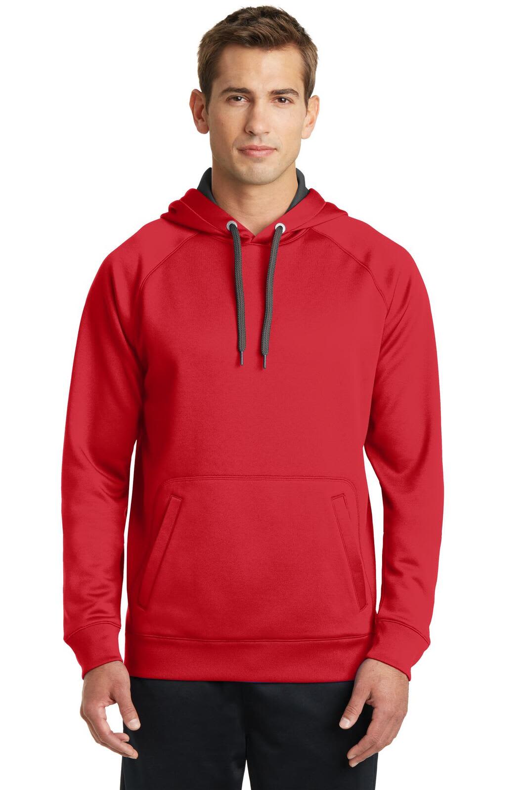 A red hooded sweatshirt featuring a front pocket and a grey drawstring. It has a branding logo on it.