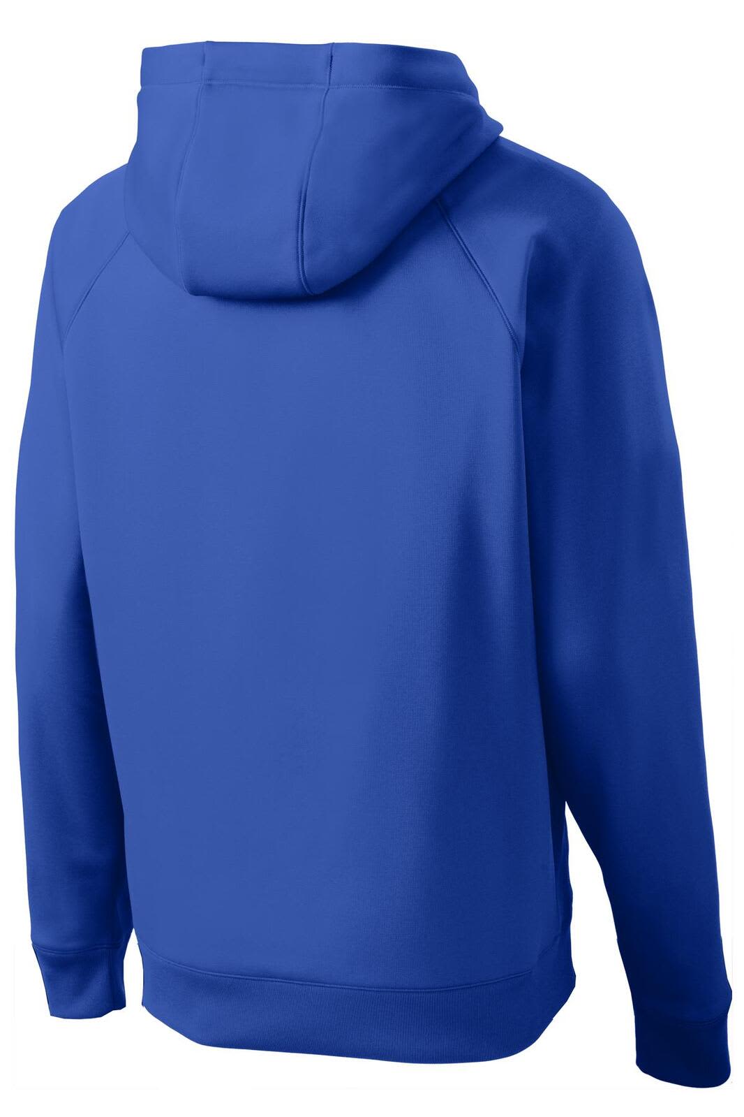 A blue Sport-Tek tech fleece hooded sweatshirt featuring a kangaroo pocket and a logo on the back.