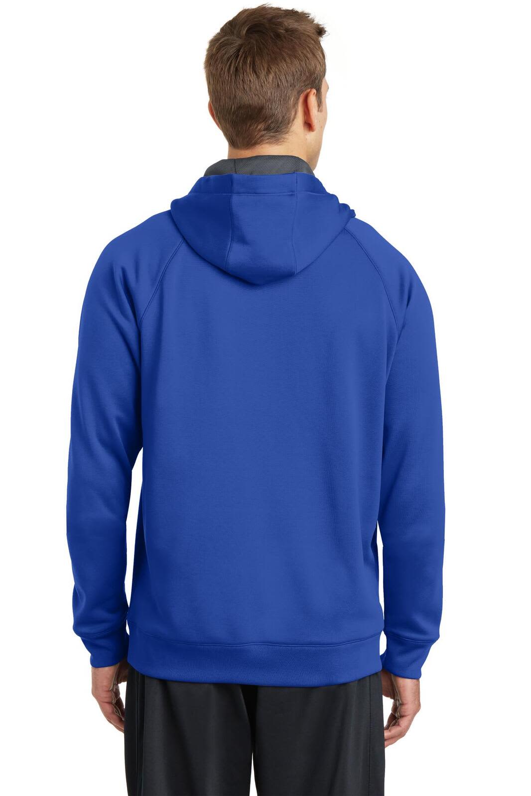A blue hooded sweatshirt with a logo, featuring a relaxed fit and a back view of the garment.