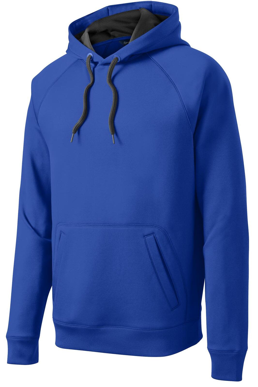 A blue Sport-Tek Tech Fleece Hooded Sweatshirt with a black inner lining and a front pocket. It has a logo.