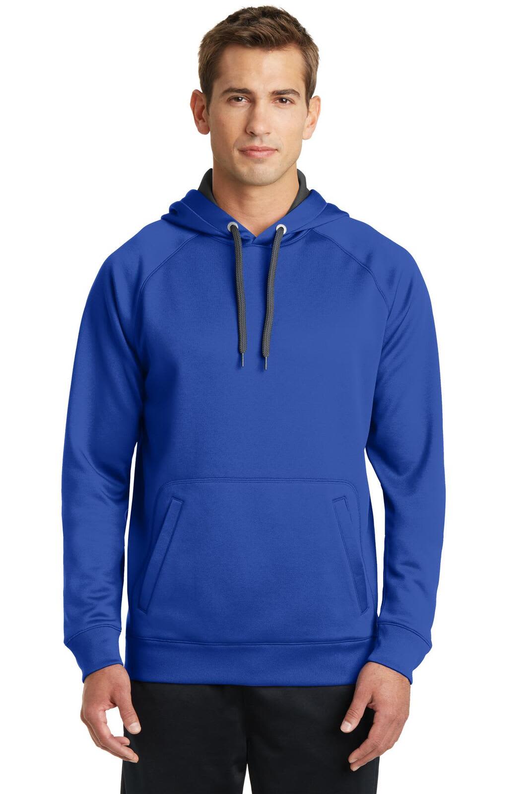A hooded sweatshirt in blue with a front pocket and a logo. Features a comfortable fleece material.