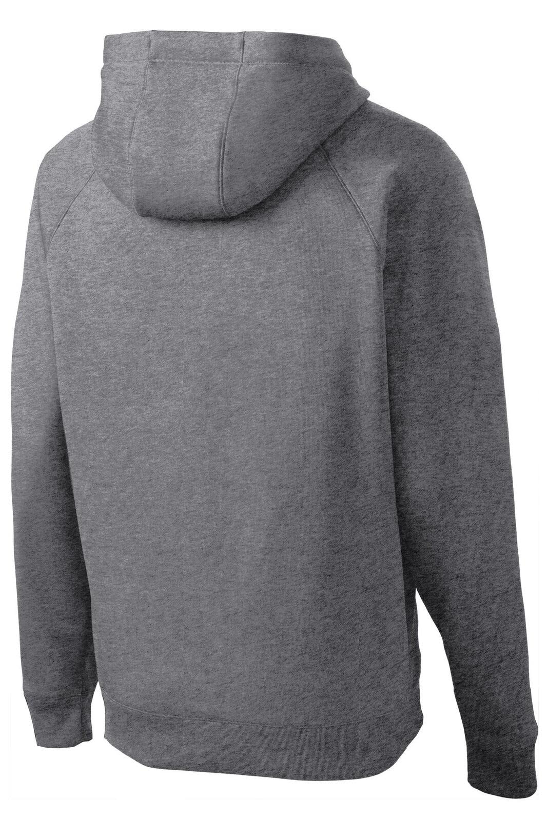 A grey hooded sweatshirt with a soft fleece texture and a logo on the back.