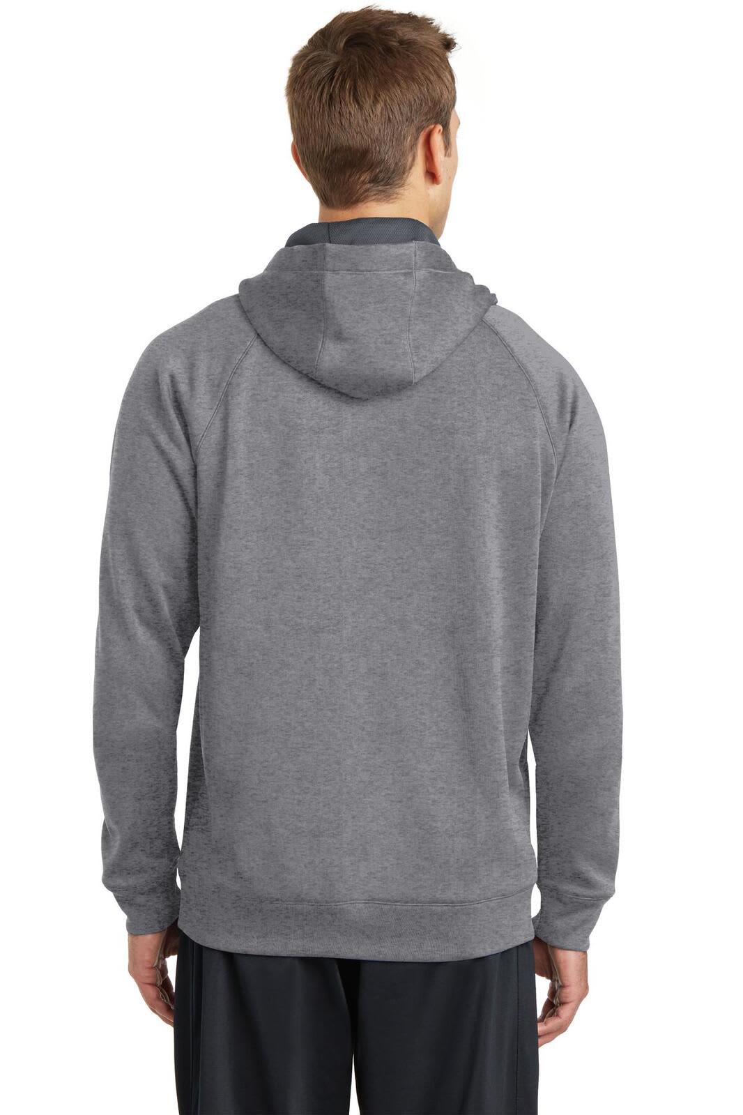A grey hooded sweatshirt features a fleece material and a logo on the back. Designed for comfort and warmth.