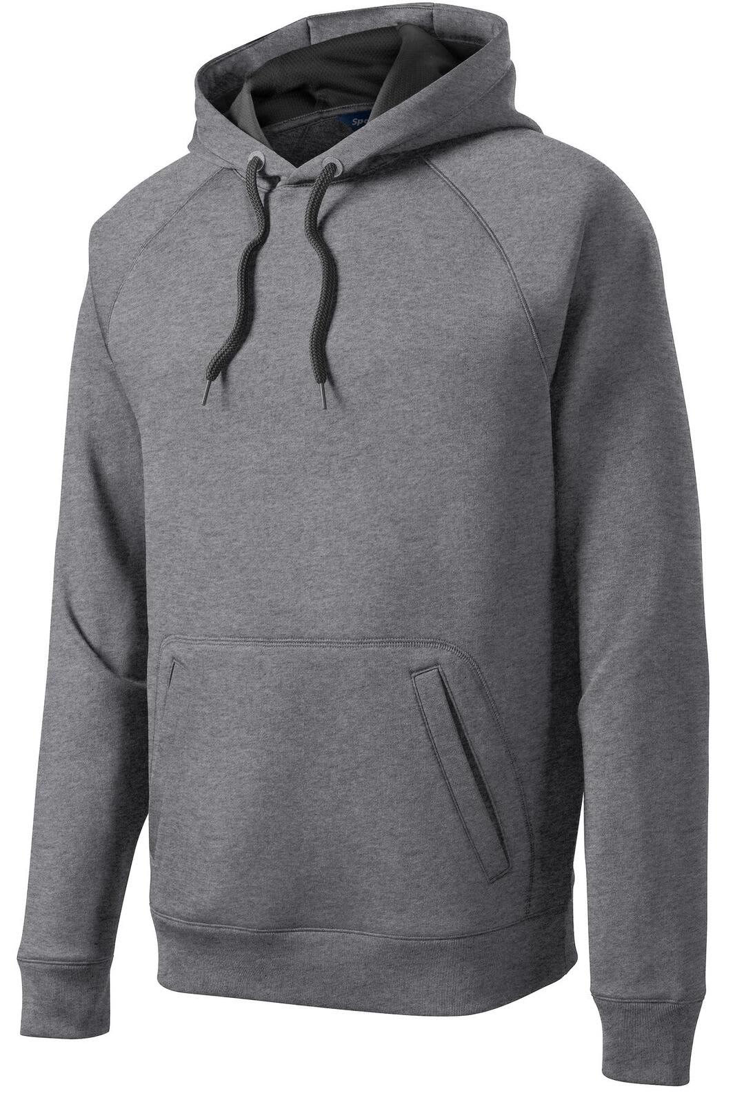 A grey hooded sweatshirt with a kangaroo pocket and a logo on the front. Features a snug fit with a hood.