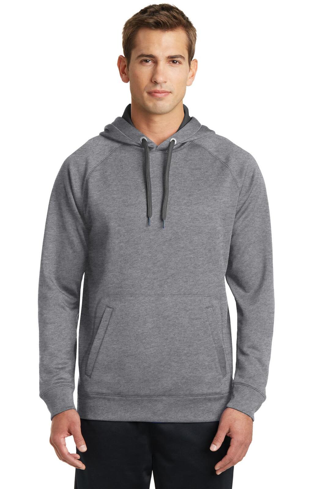 A grey hooded sweatshirt featuring a kangaroo pocket and a logo on the chest. Suitable for casual wear.