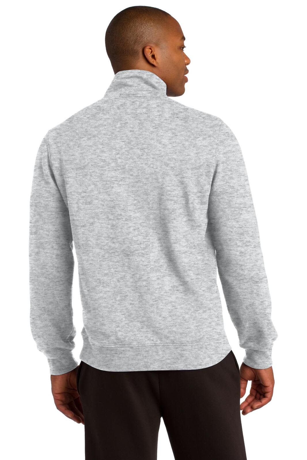 A grey Sport-Tek 1/4-zip sweatshirt displayed from the back, featuring long sleeves and a simple design.