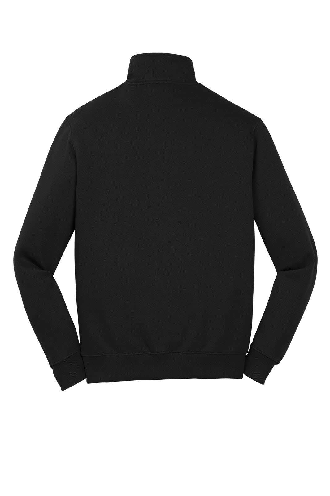 A black Sport-Tek 1/4-zip sweatshirt, featuring long sleeves and a high collar, with a logo on the back.