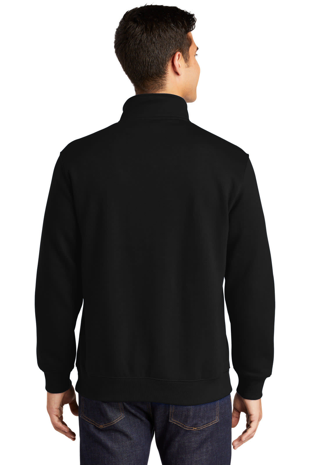 A black Sport-Tek 1/4-zip sweatshirt is displayed on a model from the back, featuring a simple design and a logo.