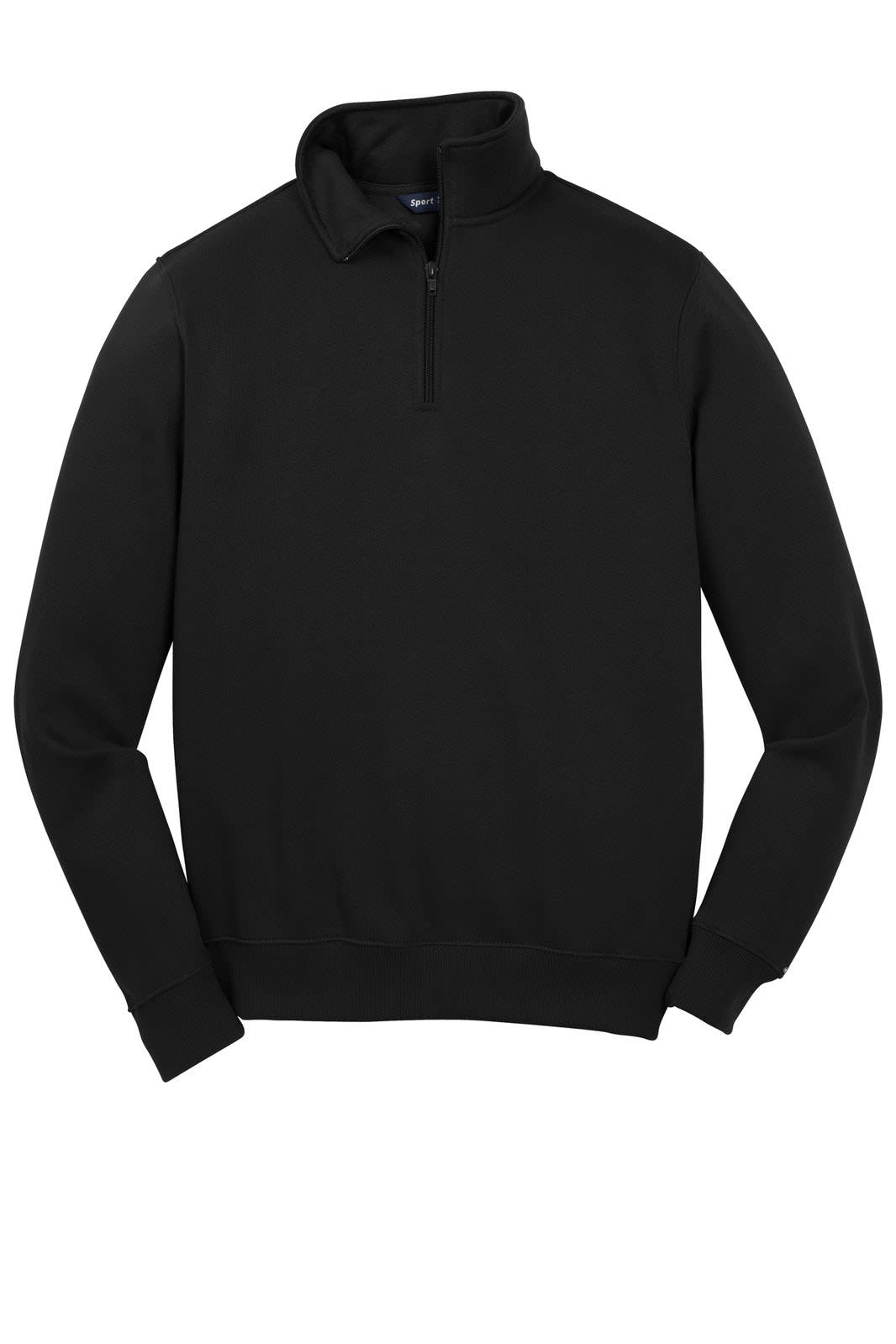 A black Sport-Tek 1/4-zip sweatshirt, featuring a collar and long sleeves, with a logo on the chest.