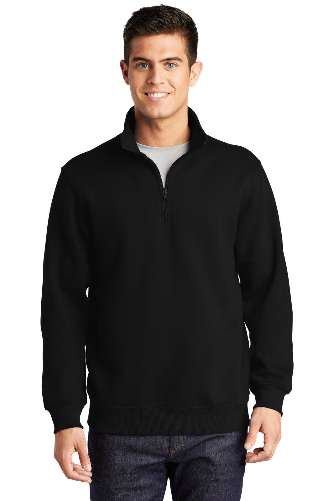 A black Sport-Tek 1/4-zip sweatshirt, displayed on a model, featuring a collar and a front zipper.