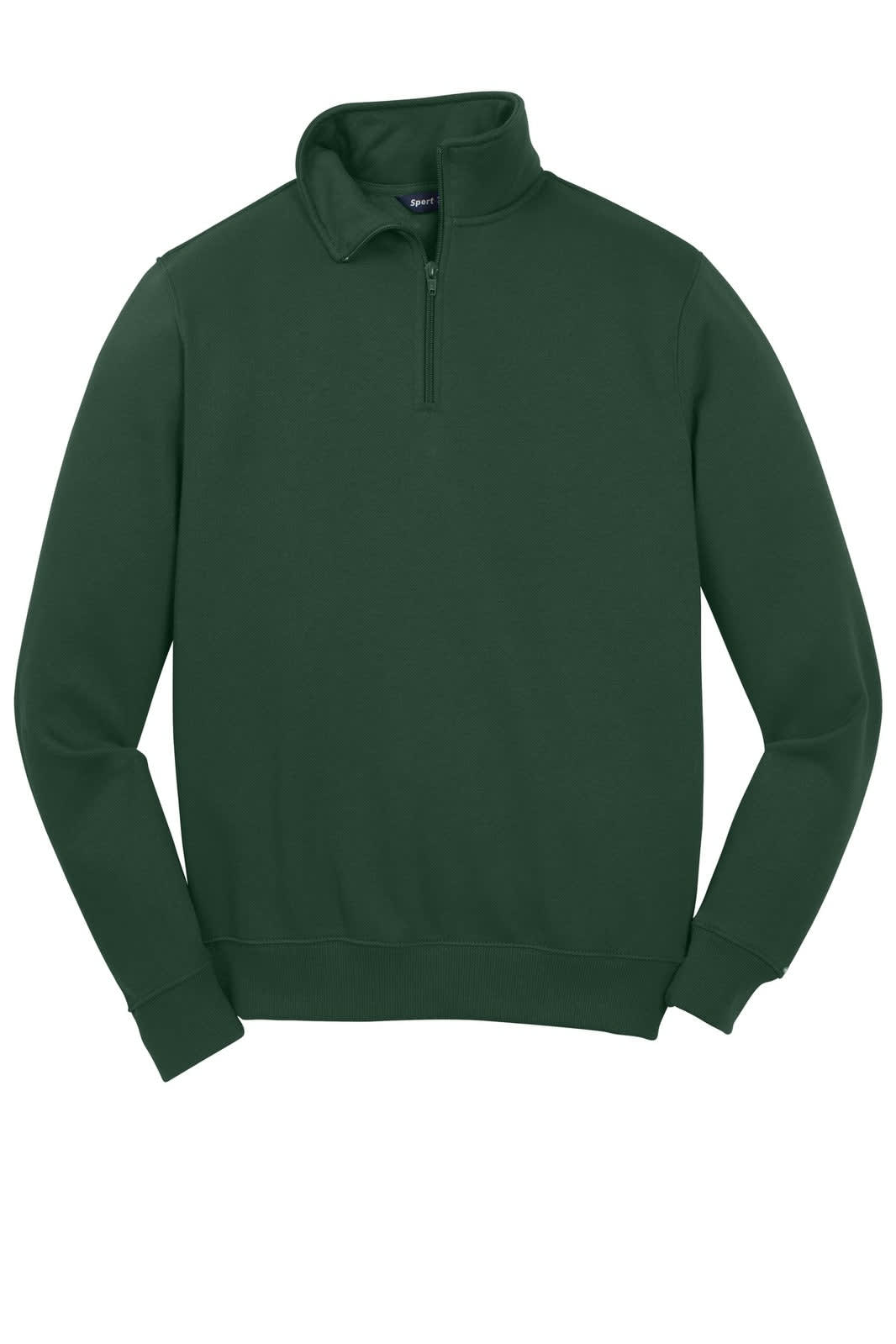 A green Sport-Tek 1/4-Zip Sweatshirt featuring a high collar and long sleeves, with a logo on the side.