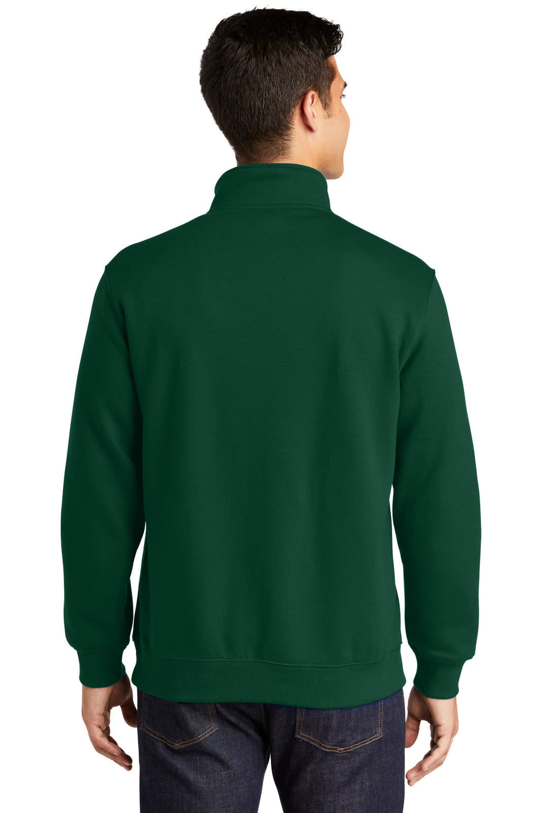 A green Sport-Tek 1/4-zip sweatshirt displayed from the back, featuring a collar and a logo.