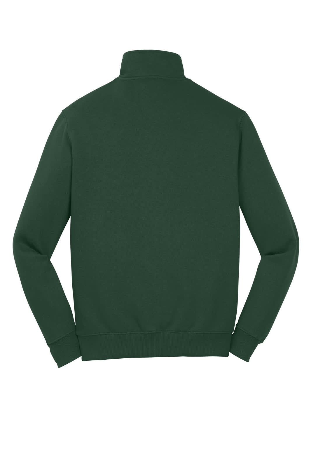 A green Sport-Tek 1/4-zip sweatshirt with a high collar and long sleeves, featuring a logo on the back.
