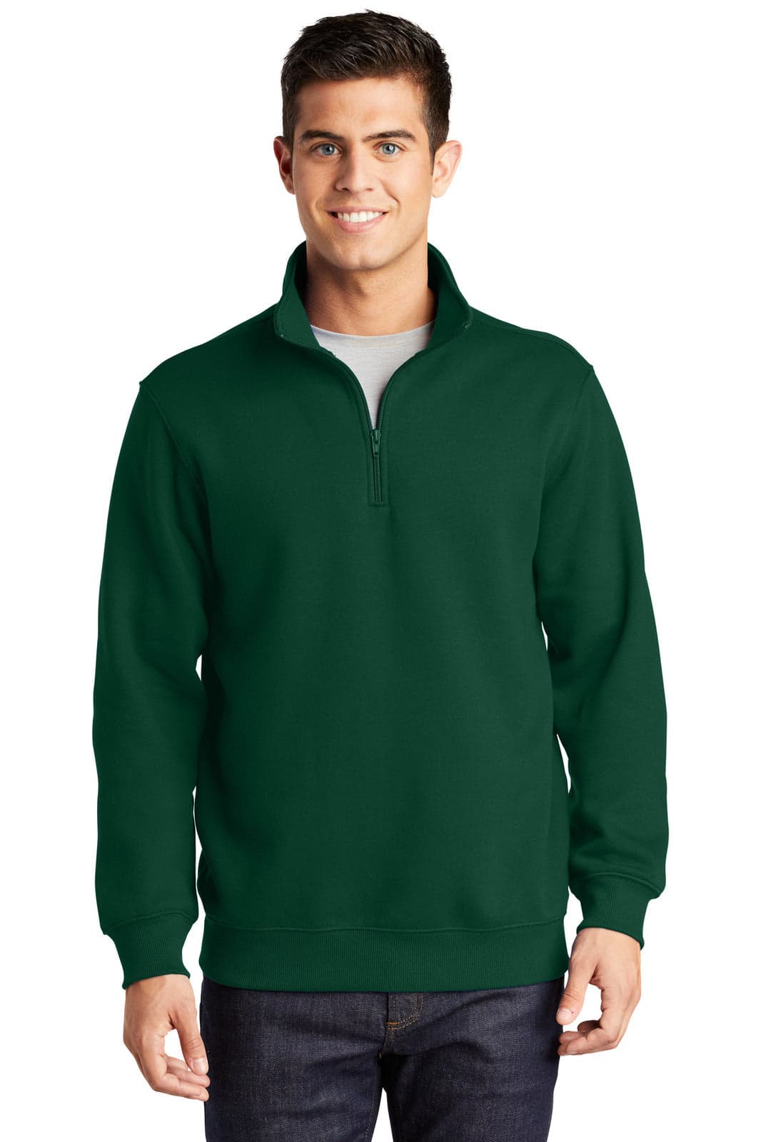A man wearing a green Sport-Tek 1/4-zip sweatshirt. The sweatshirt has a collar and a logo on the chest.