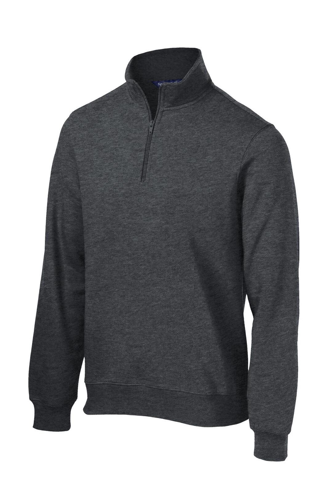 A grey Sport-Tek 1/4-Zip Sweatshirt featuring long sleeves and a stand-up collar. It has a logo on the chest.