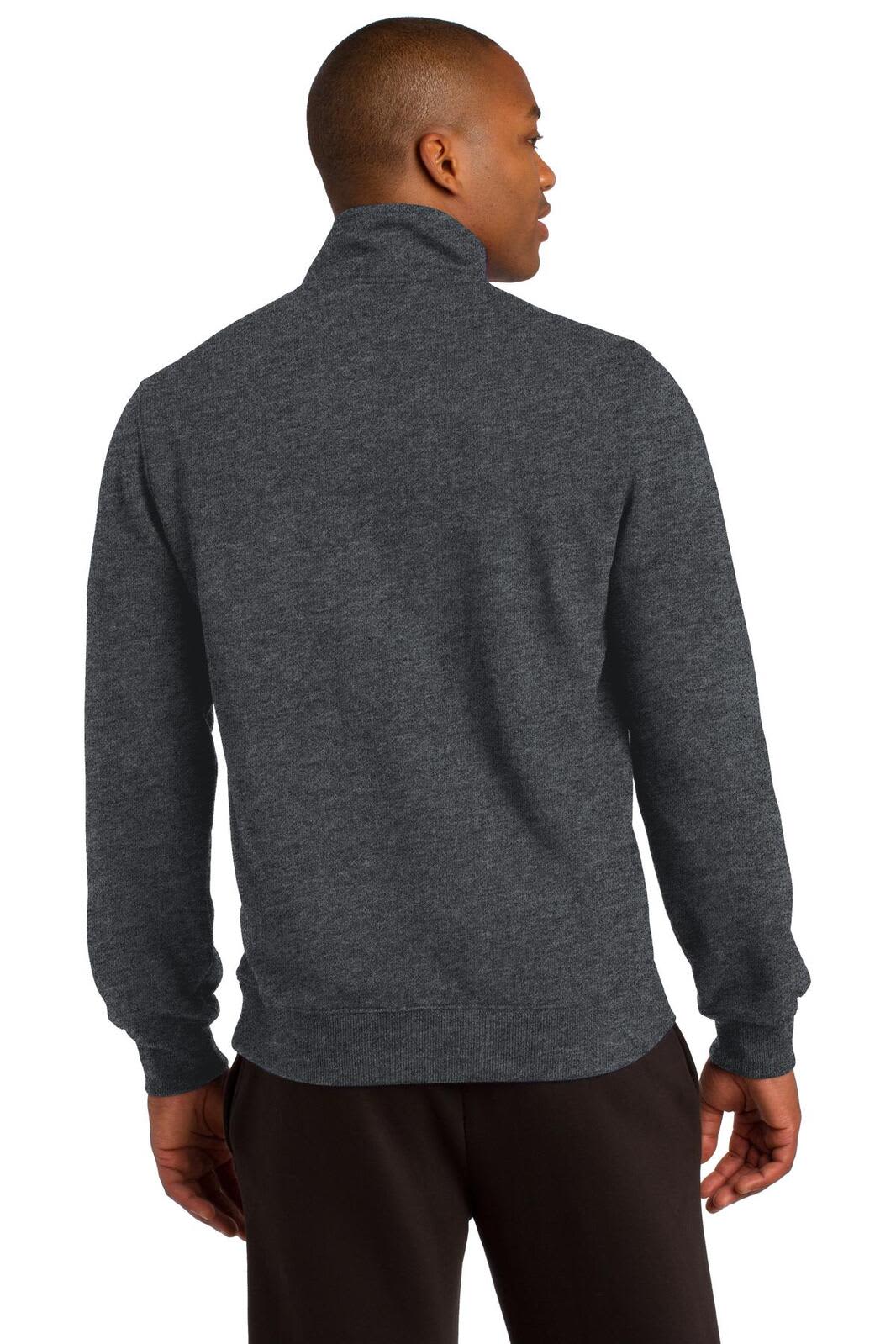 A dark grey Sport-Tek 1/4-zip sweatshirt is worn by a person from the back, featuring fitted sleeves and a collar.