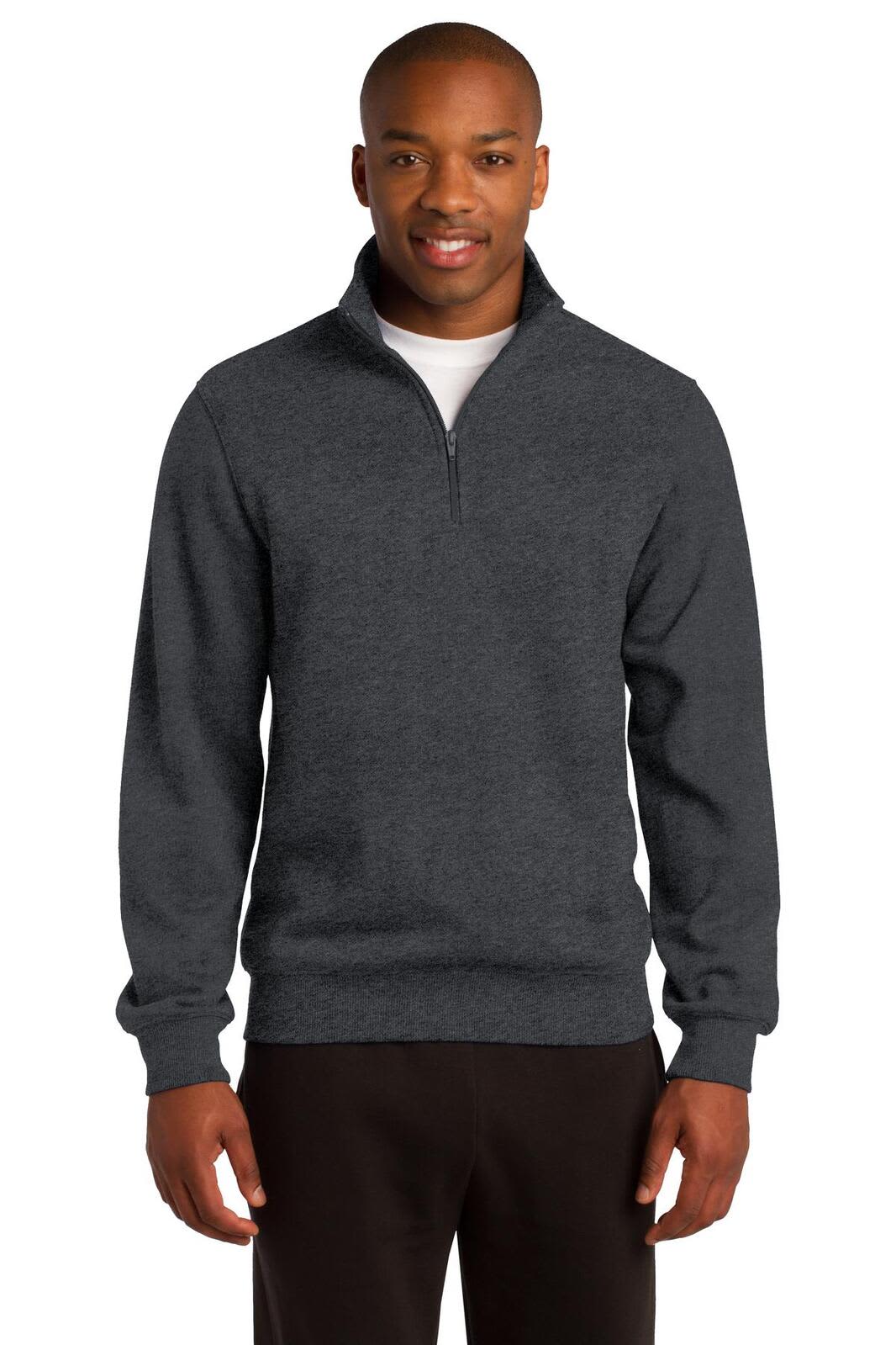 A man wearing a dark grey Sport-Tek 1/4-zip sweatshirt, featuring long sleeves and a front zip.
