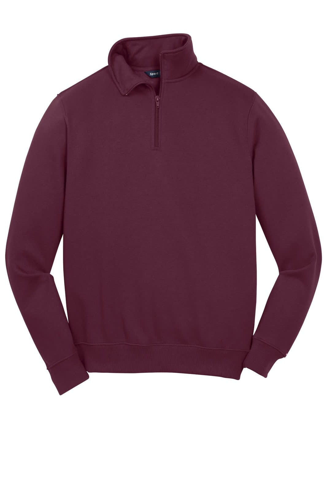 A maroon Sport-Tek 1/4-Zip Sweatshirt featuring a high collar and long sleeves, with a logo on the chest.