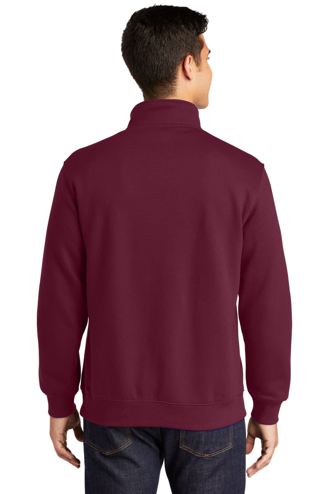 A maroon Sport-Tek 1/4-zip sweatshirt with a collar, viewed from the back on a model. Features a logo.