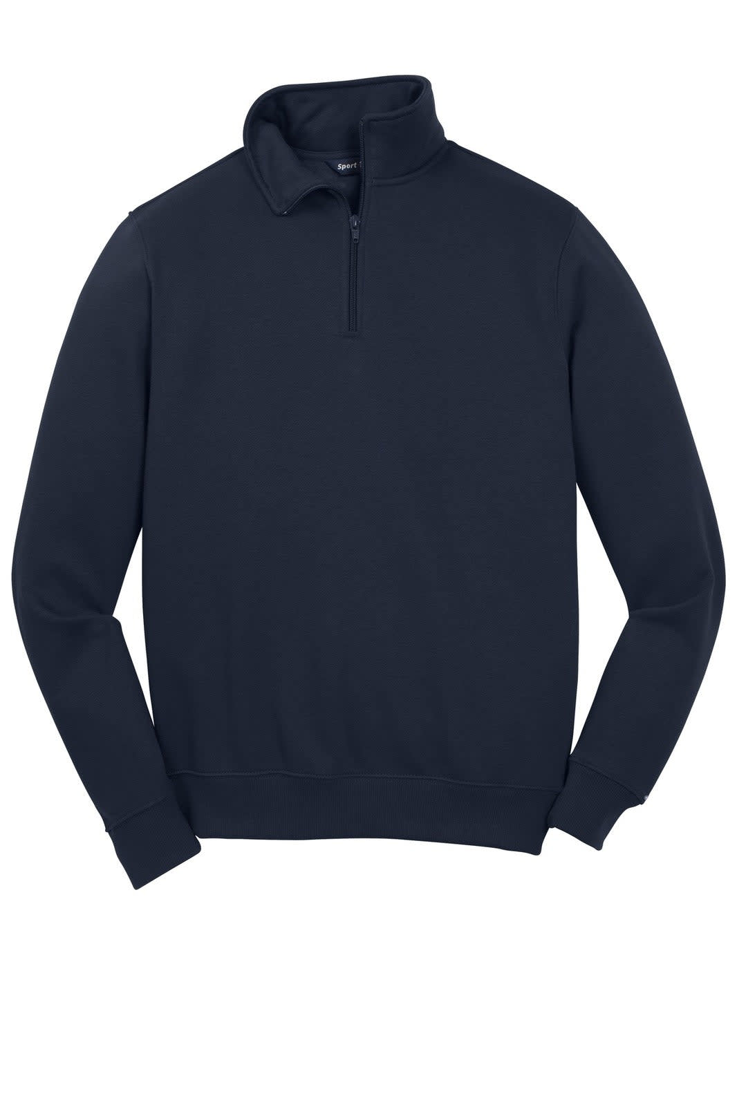 A navy blue Sport-Tek 1/4-zip sweatshirt featuring long sleeves and a high collar. It has a logo on it.