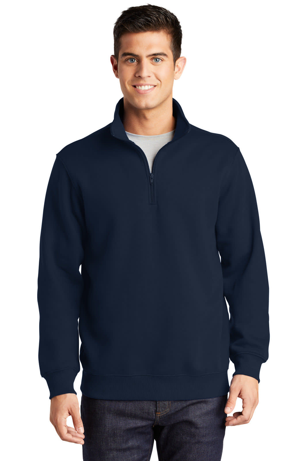 A navy Sport-Tek 1/4-zip sweatshirt on a model, featuring a stand-up collar and long sleeves.