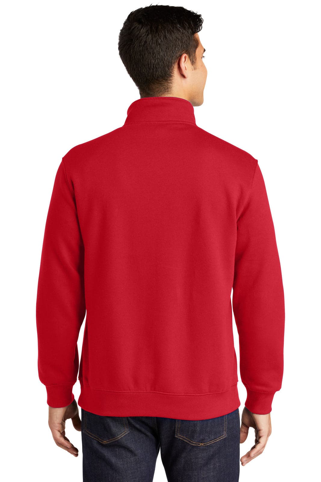 A red Sport-Tek 1/4-zip sweatshirt viewed from the back, featuring a collar and a plain design.
