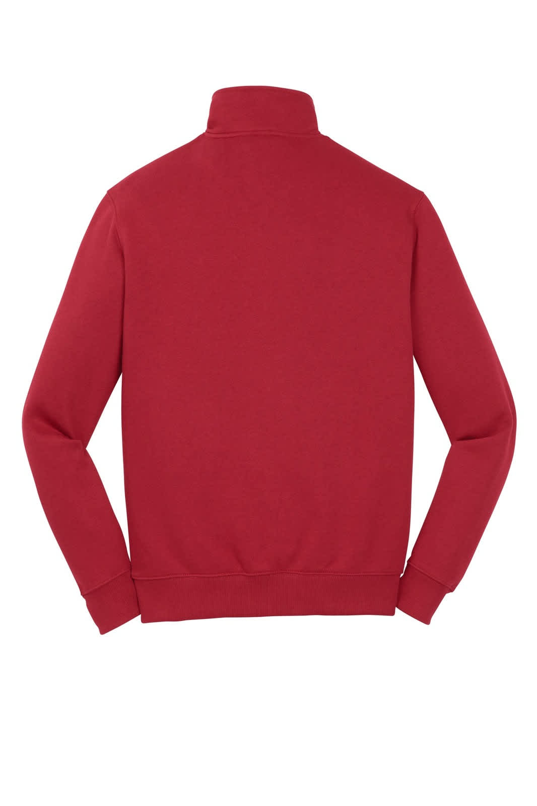 A red Sport-Tek 1/4-zip sweatshirt with long sleeves and a high collar, featuring a logo.