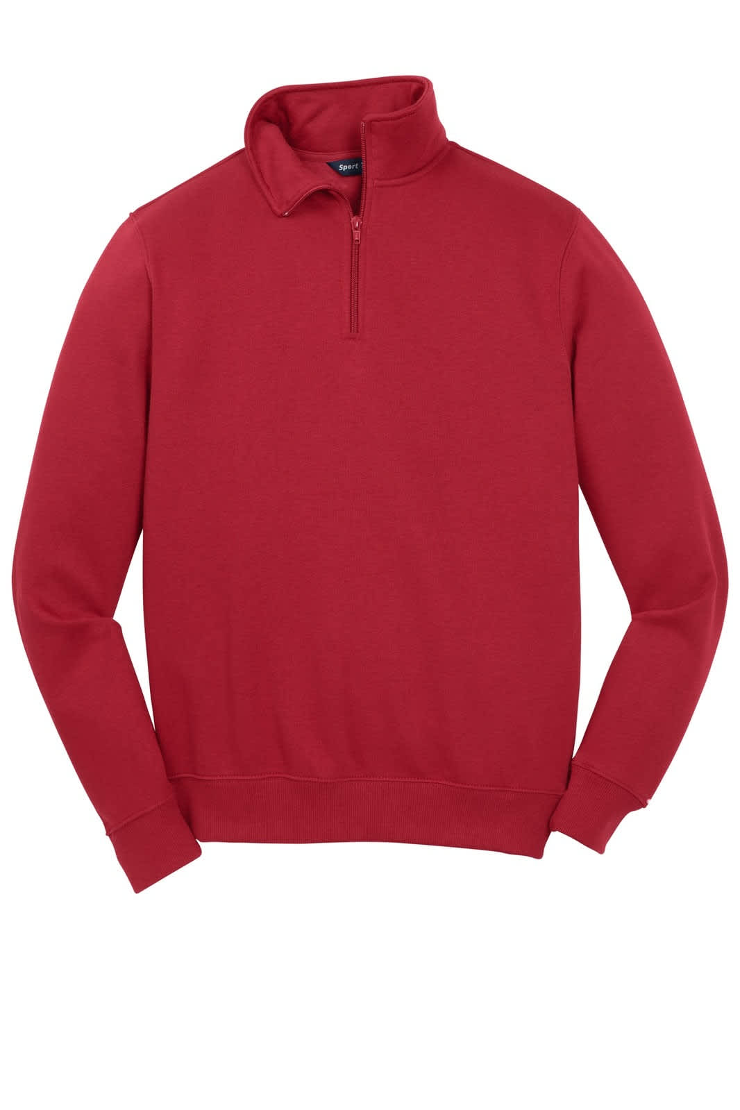 A red Sport-Tek 1/4-zip sweatshirt with a collar and long sleeves. It has a logo on the front.