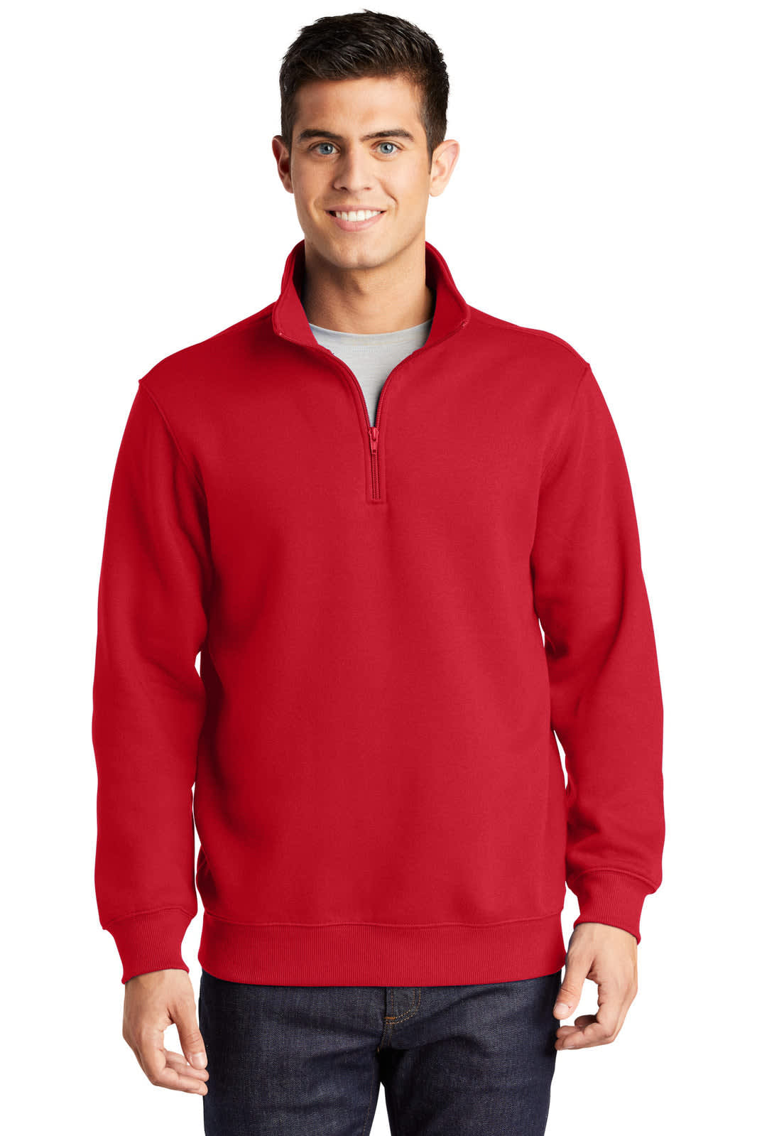 A red Sport-Tek 1/4-zip sweatshirt, featuring long sleeves and a relaxed fit, has a logo on the chest.