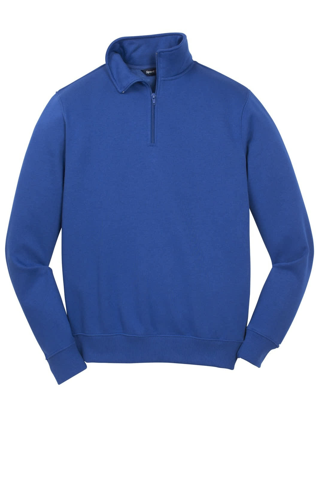 A blue Sport-Tek 1/4-zip sweatshirt with long sleeves and a high collar. It features a logo on the garment.