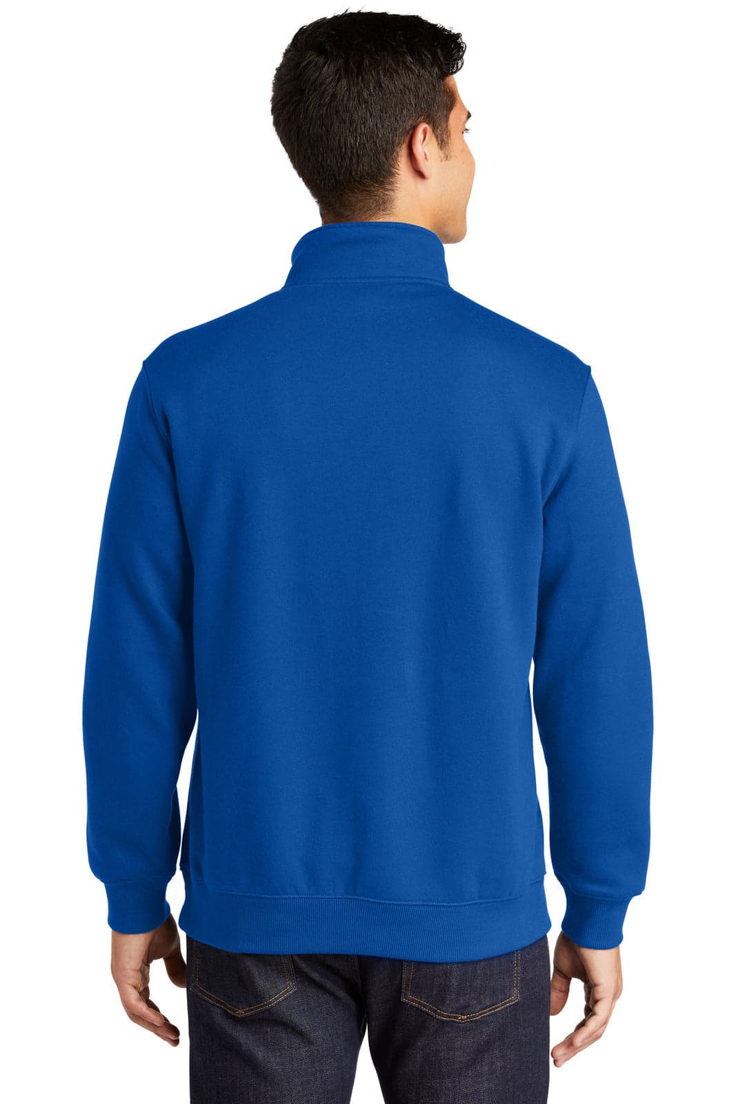 A blue Sport-Tek 1/4-zip sweatshirt is displayed, featuring a simple design and a logo.