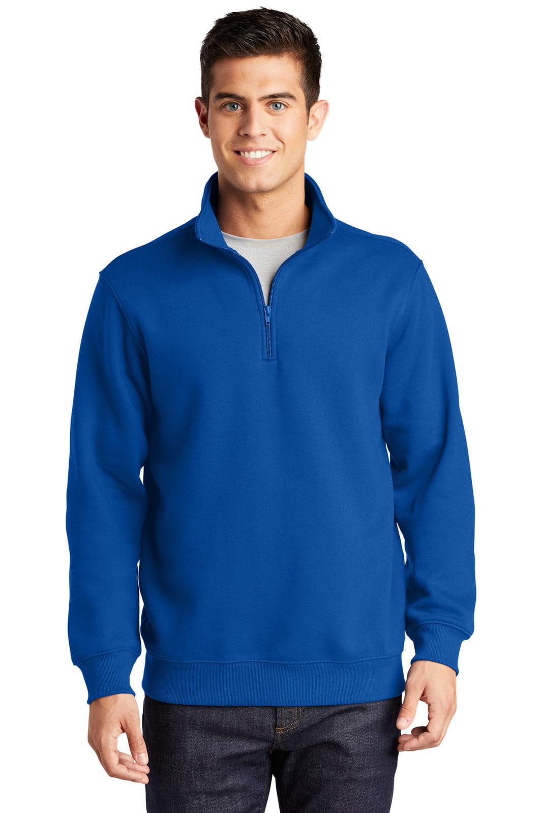 A man wearing a blue Sport-Tek 1/4-Zip Sweatshirt with a logo on the chest. The sweatshirt features a zipper and long sleeves.