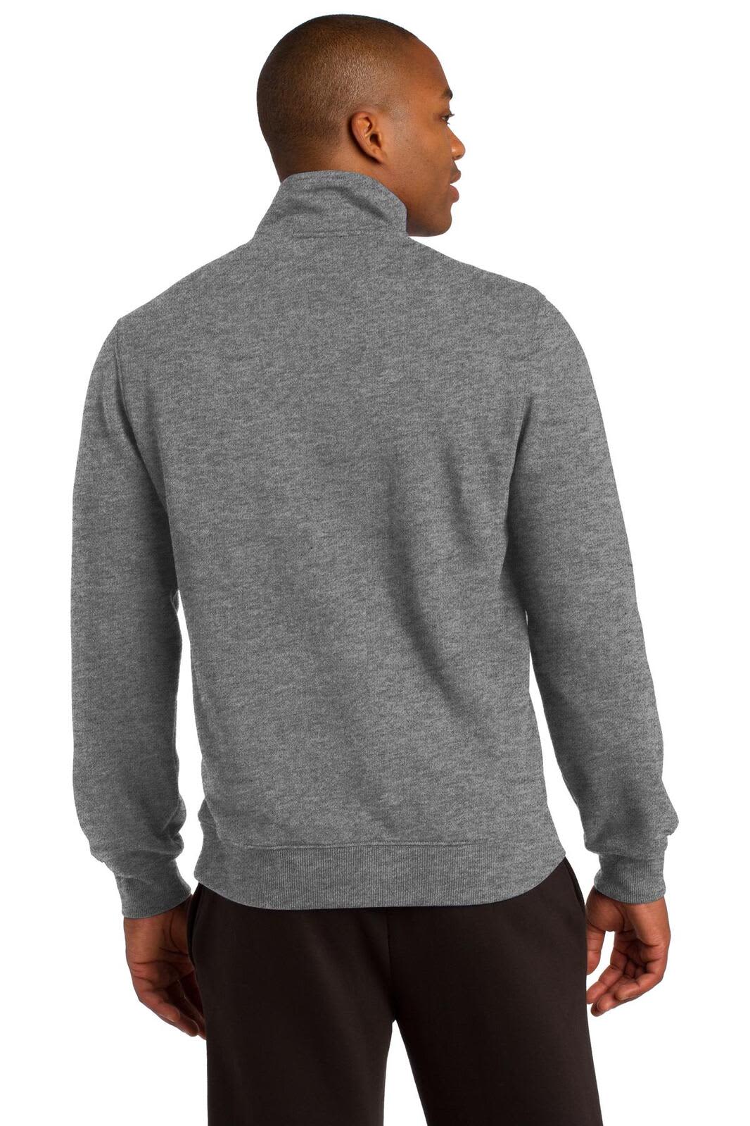 A grey Sport-Tek 1/4-zip sweatshirt featuring a high collar and long sleeves, with a branding logo on the back.