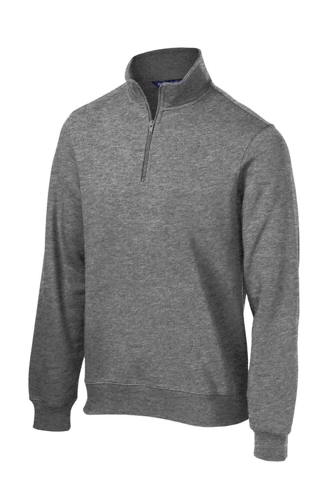 A grey Sport-Tek 1/4-zip sweatshirt features long sleeves and a ribbed hem, with a small logo on the chest.