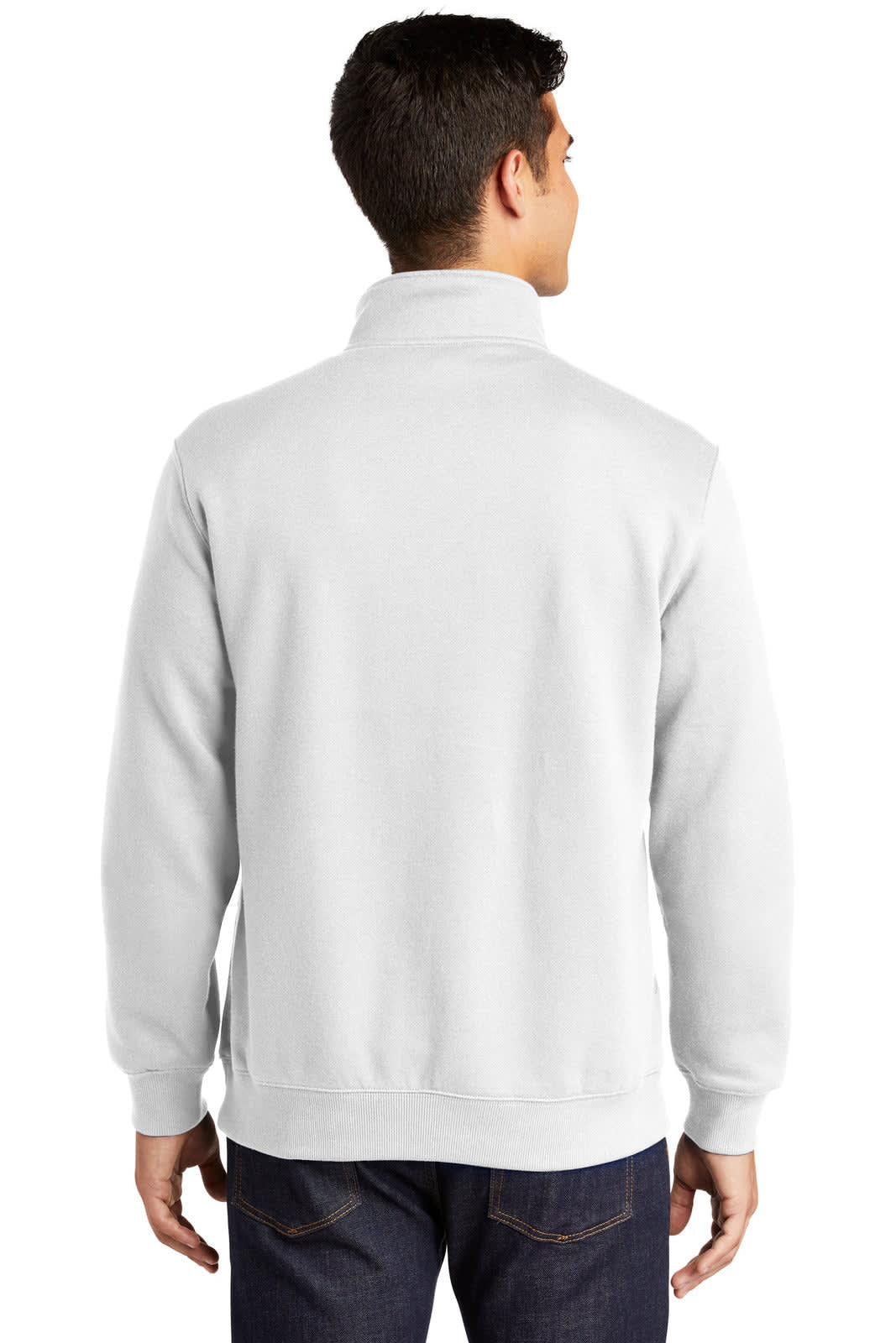 A light grey 1/4-zip sweatshirt, featuring a collar and long sleeves, worn by a person from the back.
