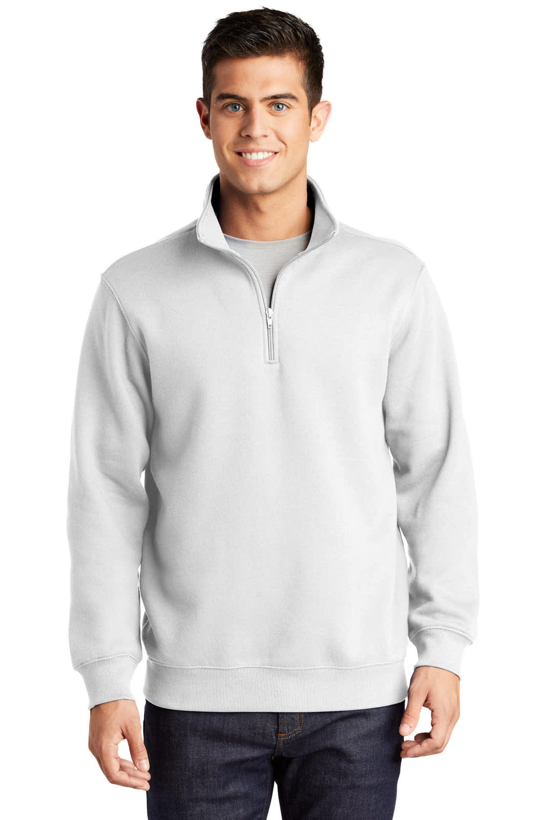 A light grey 1/4-zip sweatshirt featuring a collar and long sleeves, modelled by a smiling man.