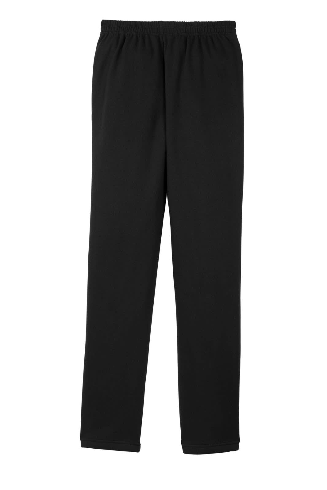 A pair of black open bottom sweatpants with an elastic waistband and a logo. Suitable for casual wear.