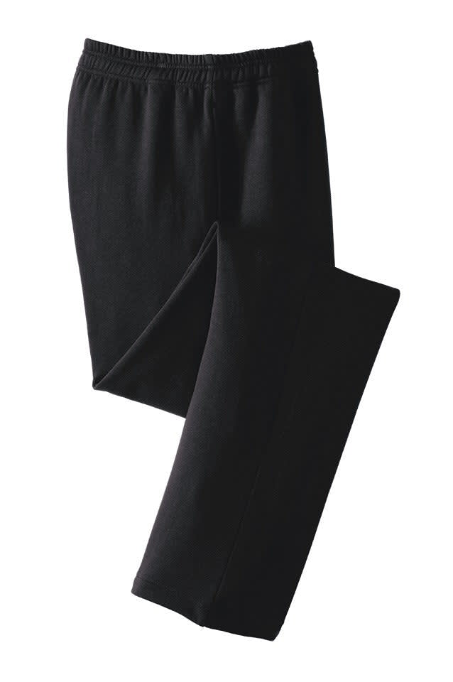 Black Sport-Tek open bottom sweatpants with an elastic waistband, featuring a logo.