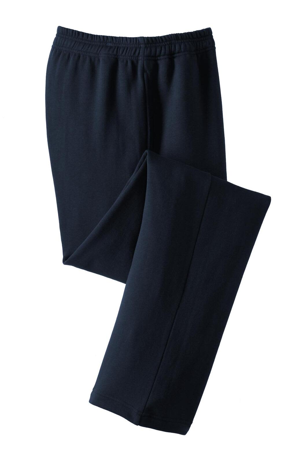 Navy blue track pants with an open bottom design and an elastic waistband, featuring a logo.