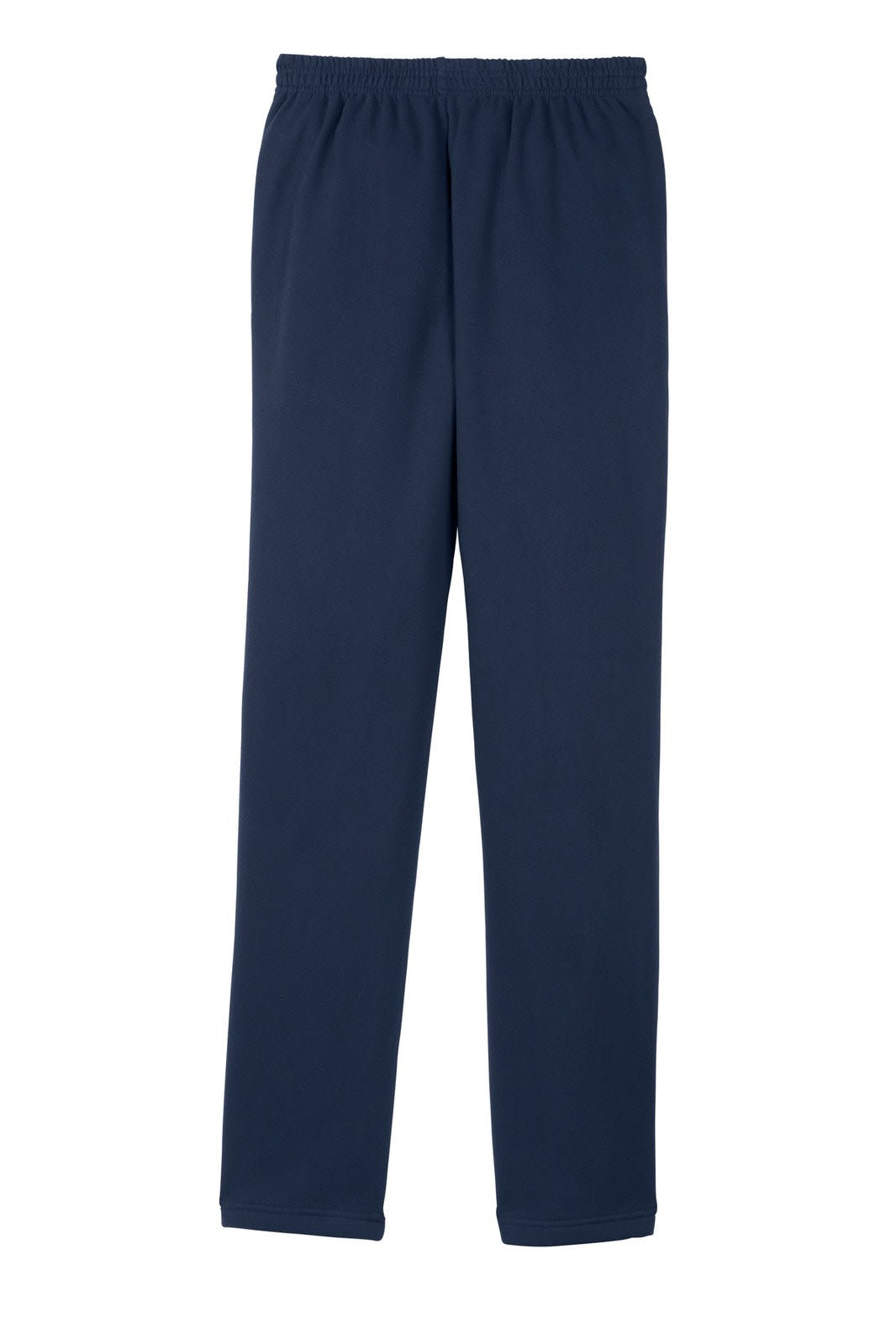 Navy blue open bottom sweatpants with an elastic waistband, featuring a logo. Suitable for casual wear or athletic activities.