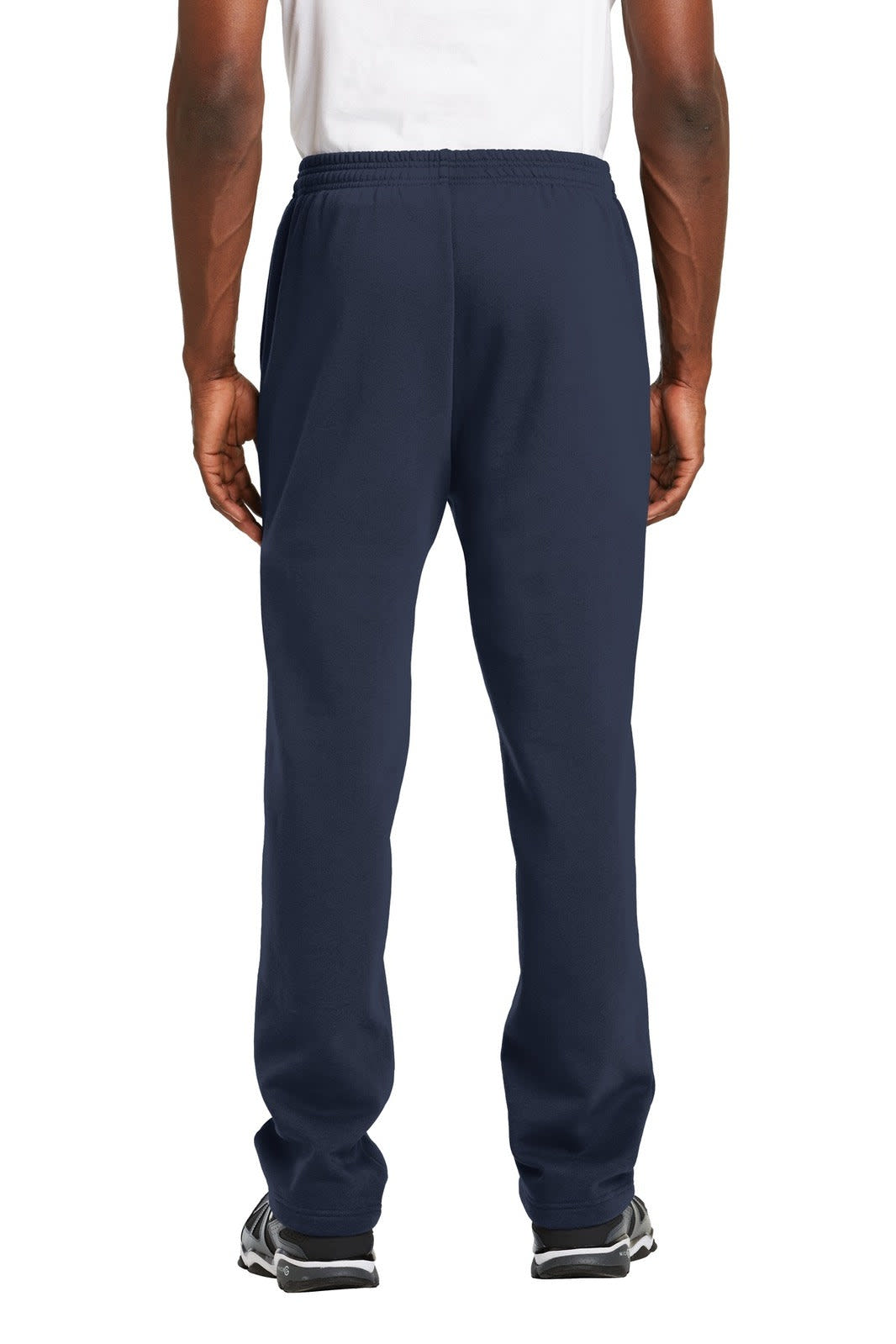 Open bottom sweatpants in navy, featuring an elasticised waistband and a logo on the back.