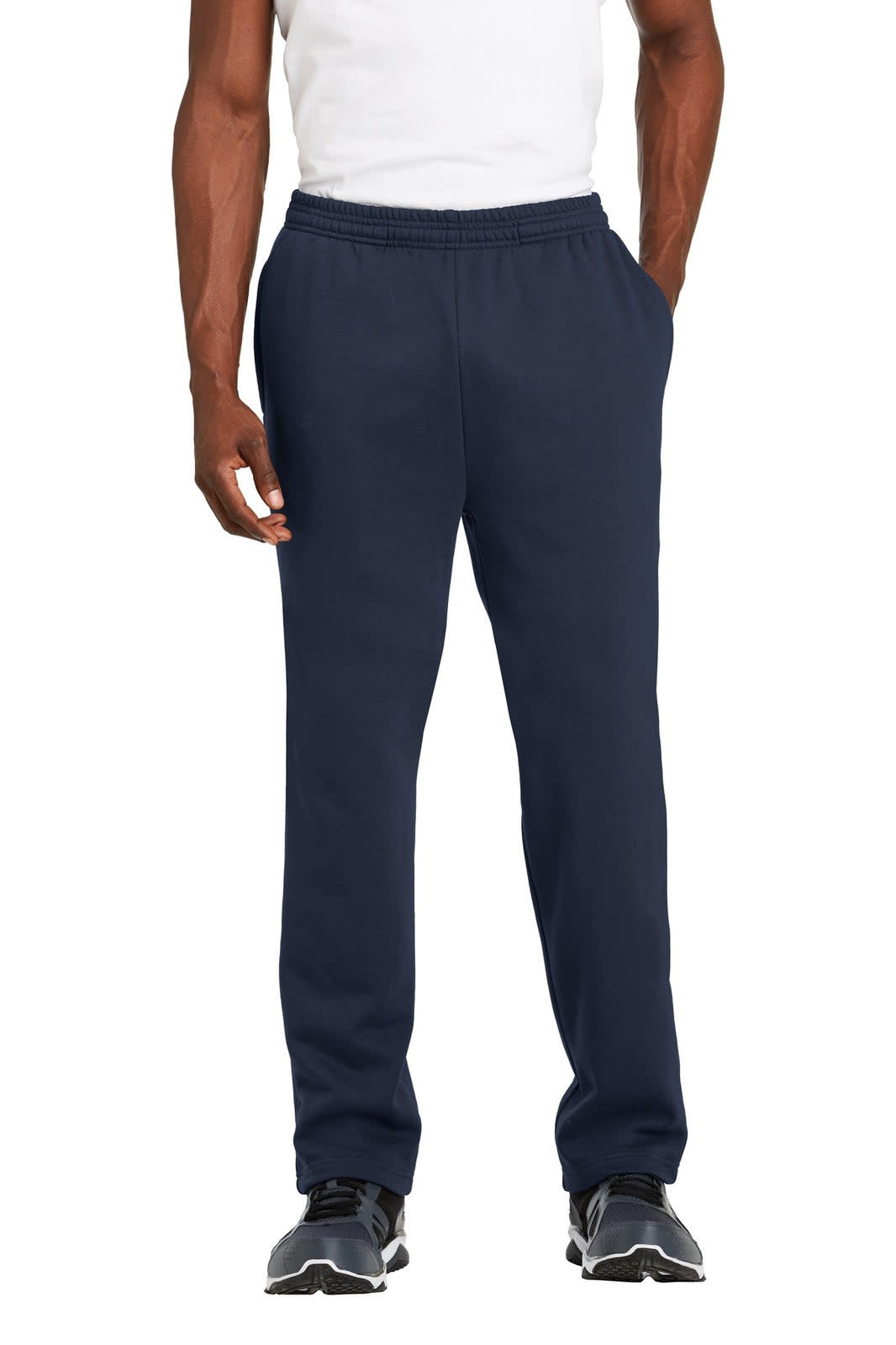 Open bottom sweatpants in navy blue, featuring an elastic waistband and pockets, showcased on a model.