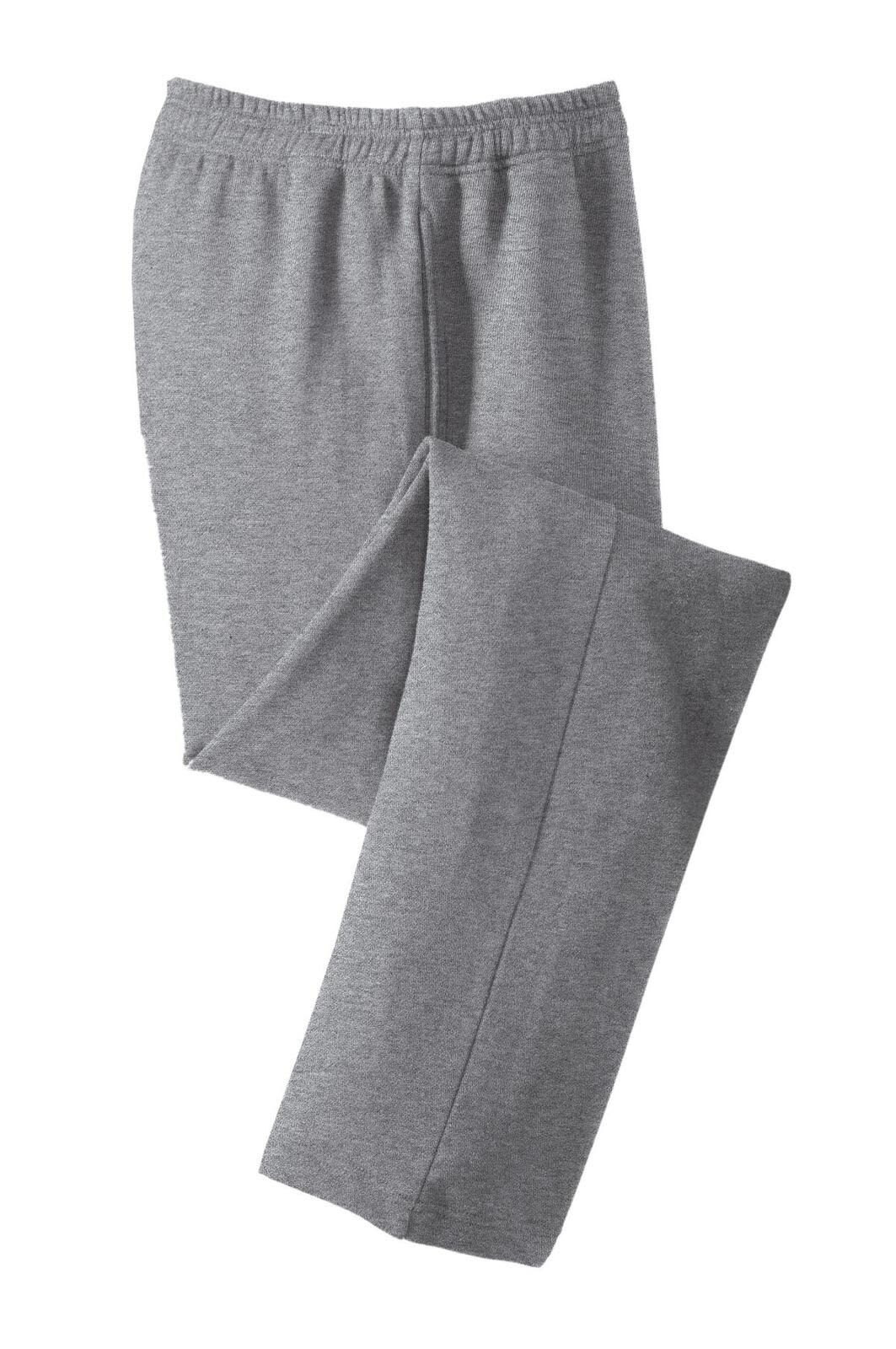 A pair of grey open bottom sweatpants with an elastic waistband and a logo. Ideal for casual wear or exercise.