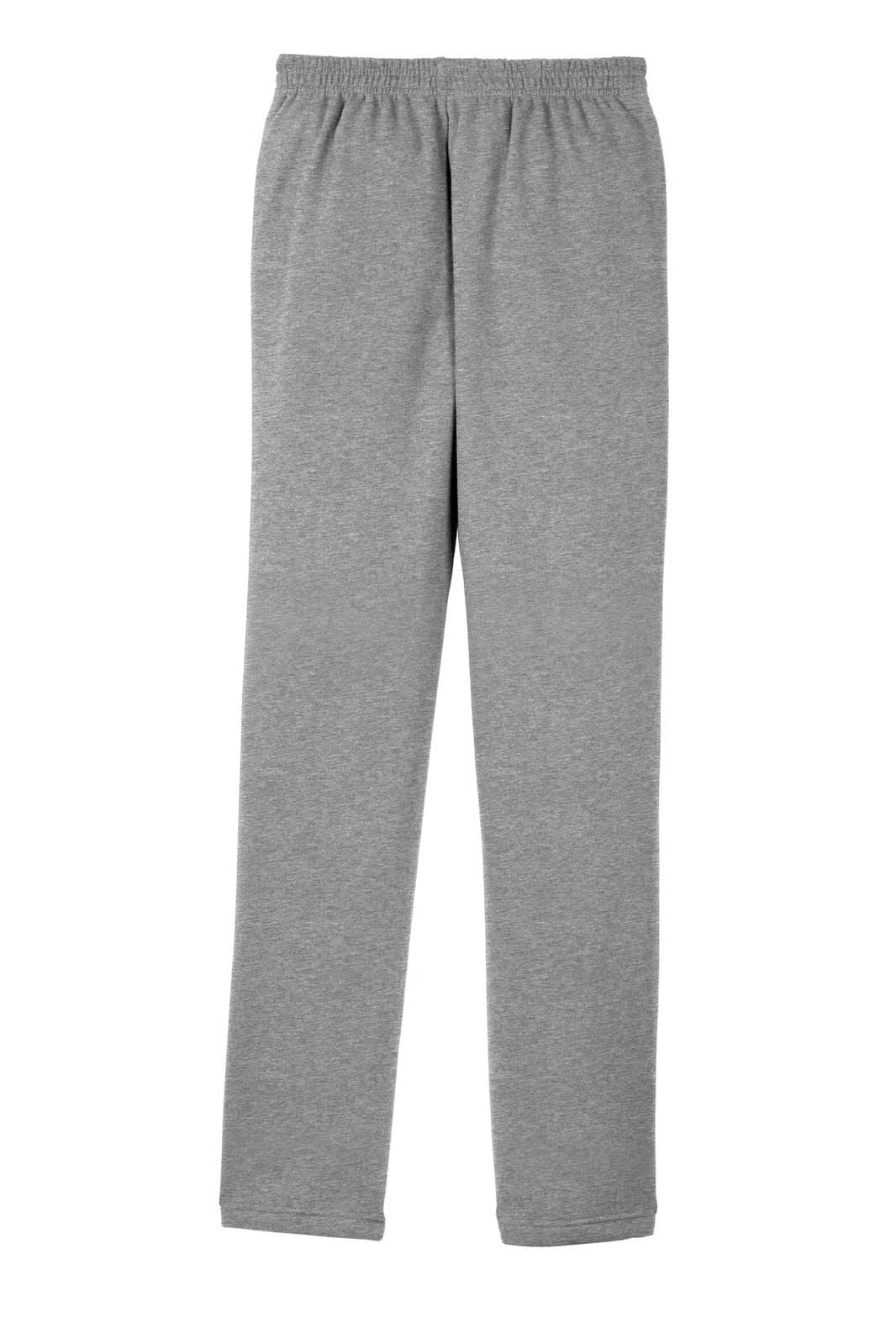 A pair of grey sweatpants with an elastic waistband and a simple design, featuring a logo.