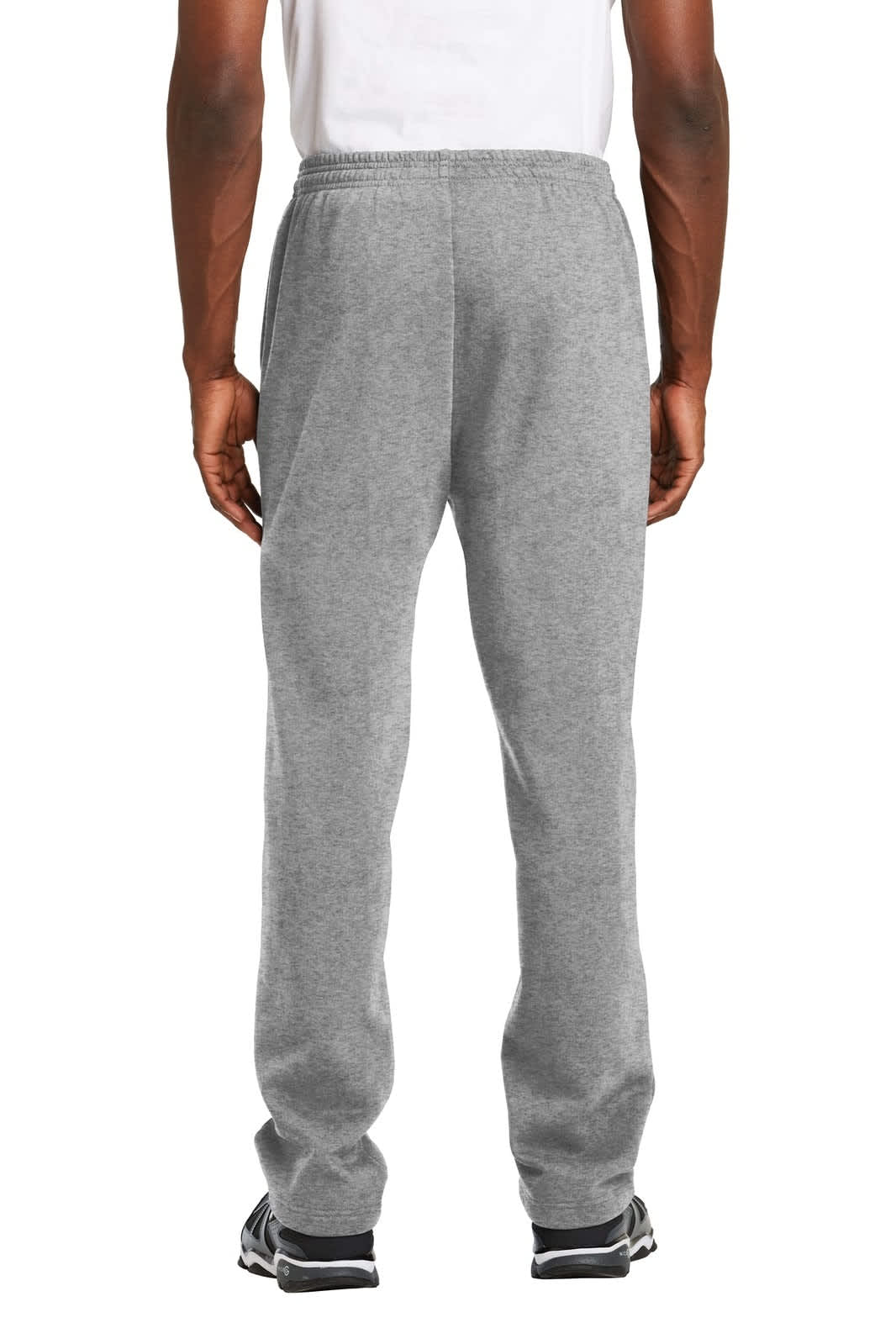 Open bottom sweatpants in grey, featuring an elastic waistband and a logo. Suitable for casual wear.